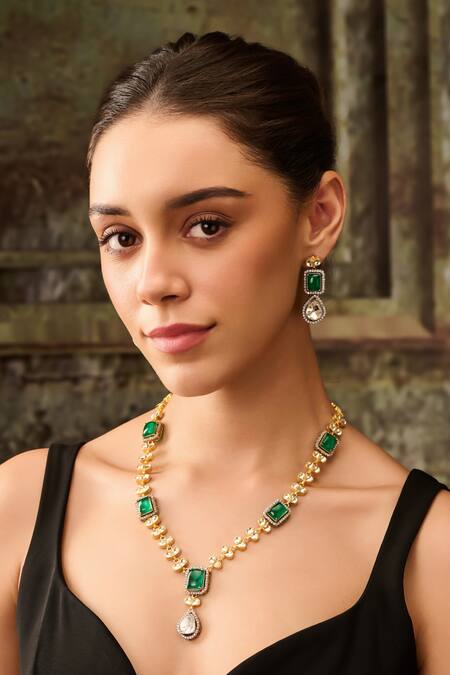 Buy Paisley Pop Green Crystals, Stones Kundan Embellished Necklace Set Online at Aza Fashions Buy_Paisley Pop_Green Crystals, Stones Kundan Embellished Necklace Set _Online_at_Aza_Fashions