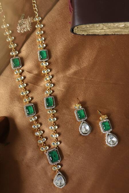 Shop Paisley Pop Green Crystals, Stones Kundan Embellished Necklace Set Online at Aza Fashions Shop_Paisley Pop_Green Crystals, Stones Kundan Embellished Necklace Set _Online_at_Aza_Fashions