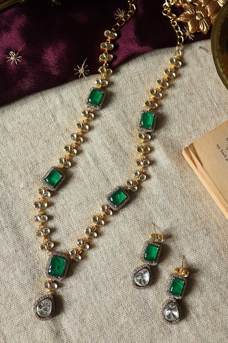 Shop Paisley Pop Green Crystals, Stones Kundan Embellished Necklace Set at Aza Fashions Shop_Paisley Pop_Green Crystals, Stones Kundan Embellished Necklace Set _at_Aza_Fashions