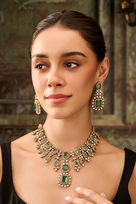 Paisley Pop_Green Stones, Piping Mint Polki Embellished Necklace Set _Online_at_Aza_Fashions