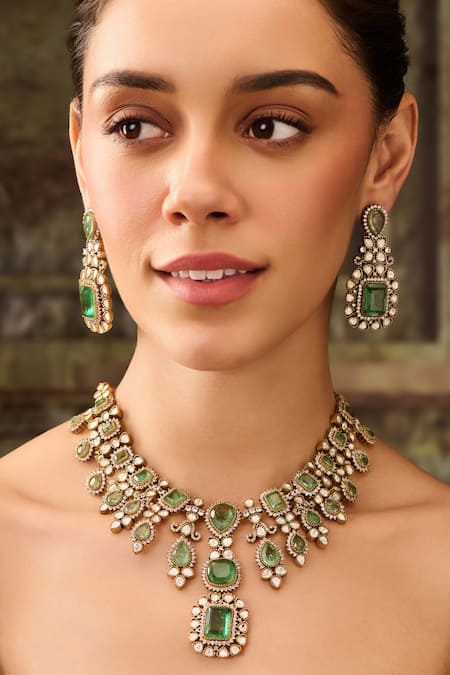 Buy_Paisley Pop_Green Stones, Piping Mint Polki Embellished Necklace Set _Online_at_Aza_Fashions