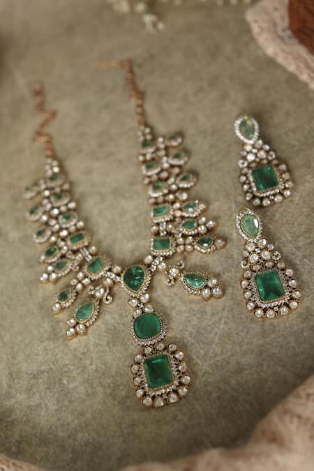 Shop_Paisley Pop_Green Stones, Piping Mint Polki Embellished Necklace Set _Online_at_Aza_Fashions