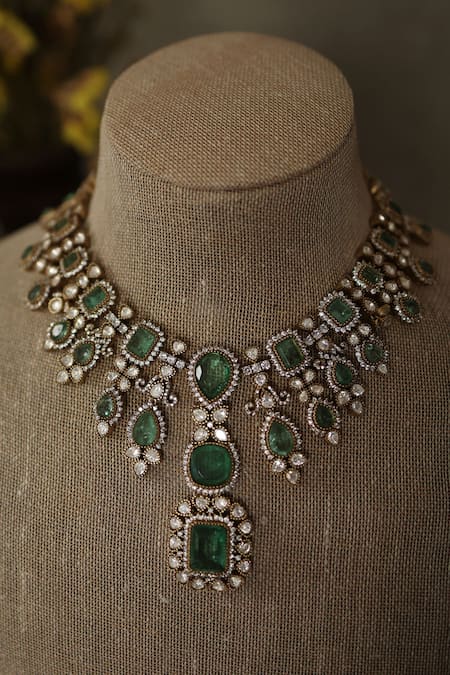Paisley Pop_Green Stones, Piping Mint Polki Embellished Necklace Set _at_Aza_Fashions