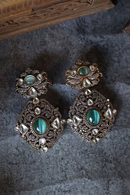 Shop Paisley Pop Green Crystals, Stones Mint Polki Cubic Zirconia Earrings at Aza Fashions Shop_Paisley Pop_Green Crystals, Stones Mint Polki Cubic Zirconia Earrings _at_Aza_Fashions