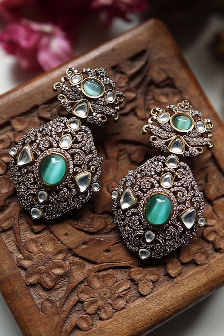 Shop Paisley Pop Green Crystals, Stones Mint Polki Cubic Zirconia Earrings Online at Aza Fashions Shop_Paisley Pop_Green Crystals, Stones Mint Polki Cubic Zirconia Earrings _Online_at_Aza_Fashions