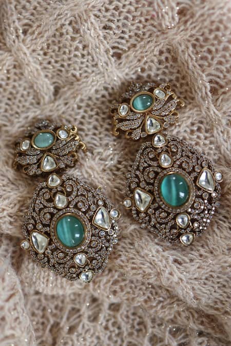 Paisley Pop Green Crystals, Stones Mint Polki Cubic Zirconia Earrings at Aza Fashions Paisley Pop_Green Crystals, Stones Mint Polki Cubic Zirconia Earrings _at_Aza_Fashions
