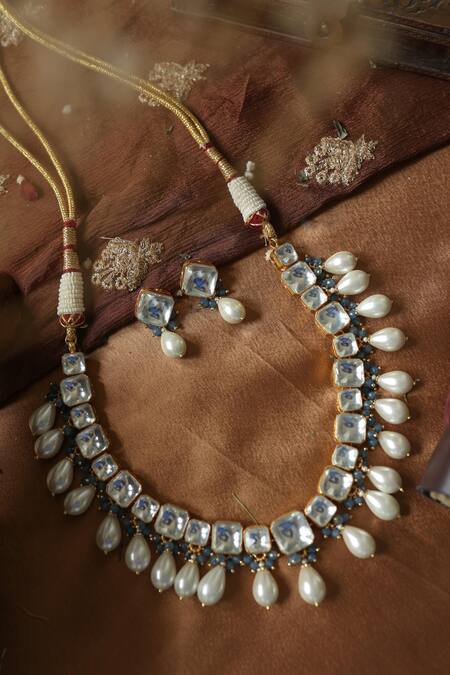 Shop_Paisley Pop_Blue Pearls Kundan Embellished Choker Set _Online_at_Aza_Fashions