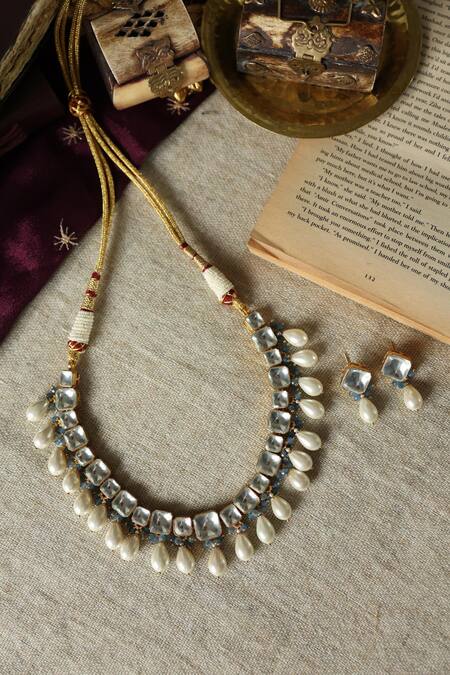 Paisley Pop_Blue Pearls Kundan Embellished Choker Set _at_Aza_Fashions