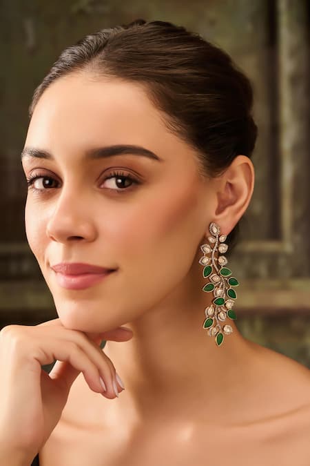 Paisley Pop Leaf Shaped Green Stone Earrings 