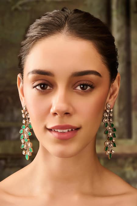 Paisley Pop_Green Stones Leaf Shaped Earrings _Online_at_Aza_Fashions