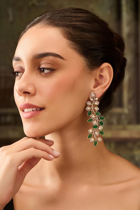 Buy_Paisley Pop_Green Stones Leaf Shaped Earrings _Online_at_Aza_Fashions
