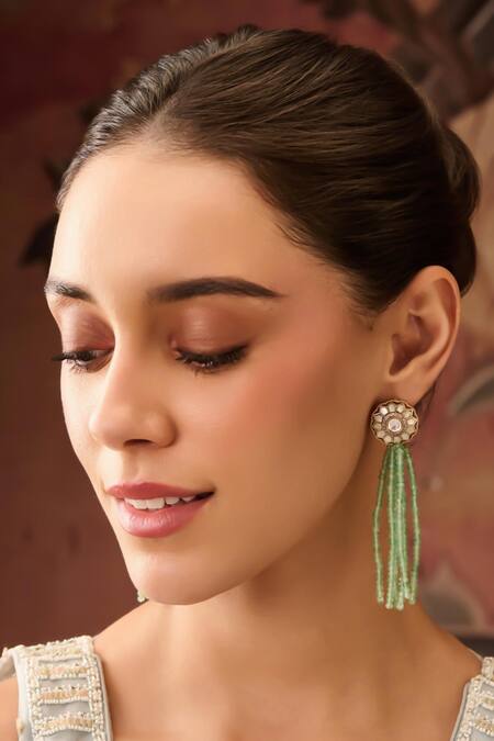 Paisley Pop Green Mother Of Pearl And Fluorite Earrings Online at Aza Fashions Paisley Pop_Green Mother Of Pearl And Fluorite Earrings _Online_at_Aza_Fashions