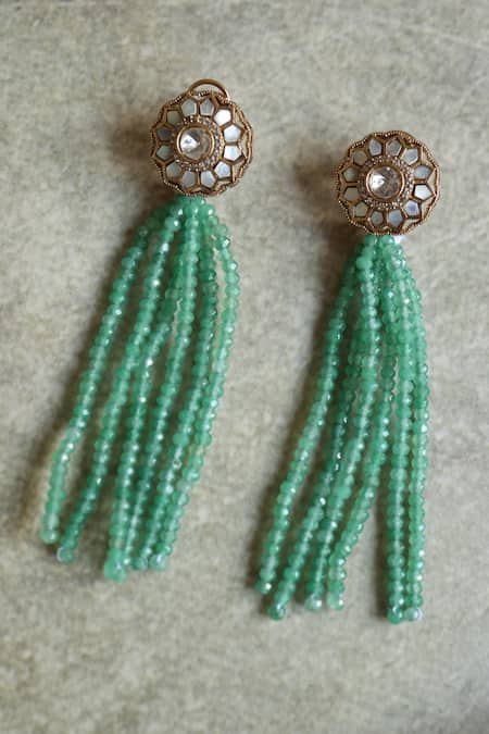 Shop Paisley Pop Green Mother Of Pearl And Fluorite Earrings at Aza Fashions Shop_Paisley Pop_Green Mother Of Pearl And Fluorite Earrings _at_Aza_Fashions