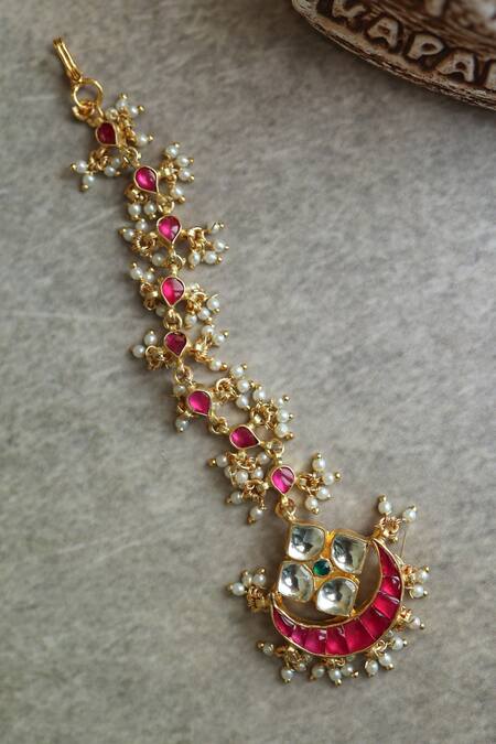 Shop_Paisley Pop_Red Kundan Pearl Maangtikka _Online_at_Aza_Fashions