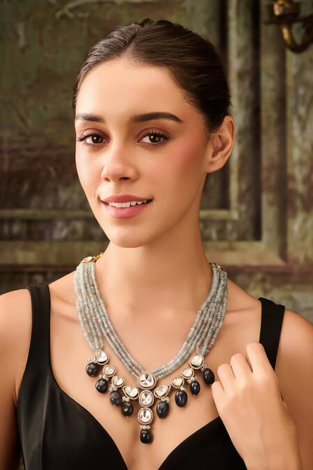 Paisley Pop Blue Layered Pendant Necklace With Polki And Agate Online at Aza Fashions Paisley Pop_Blue Layered Pendant Necklace With Polki And Agate _Online_at_Aza_Fashions