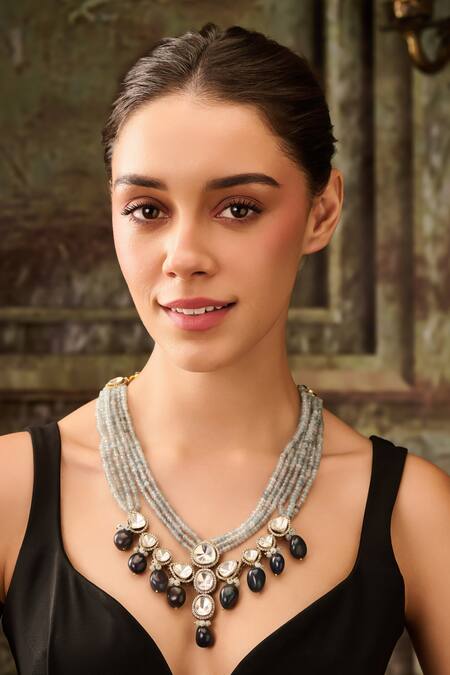 Buy Paisley Pop Blue Layered Pendant Necklace With Polki And Agate Online at Aza Fashions Buy_Paisley Pop_Blue Layered Pendant Necklace With Polki And Agate _Online_at_Aza_Fashions