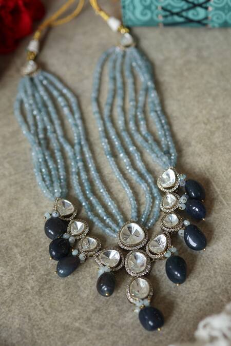 Shop Paisley Pop Blue Layered Pendant Necklace With Polki And Agate Online at Aza Fashions Shop_Paisley Pop_Blue Layered Pendant Necklace With Polki And Agate _Online_at_Aza_Fashions