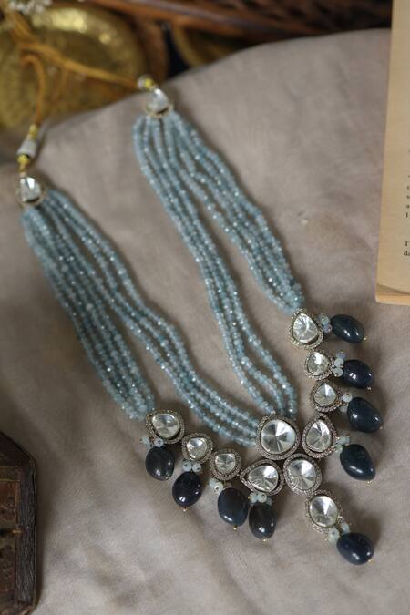 Paisley Pop Blue Layered Pendant Necklace With Polki And Agate at Aza Fashions Paisley Pop_Blue Layered Pendant Necklace With Polki And Agate _at_Aza_Fashions