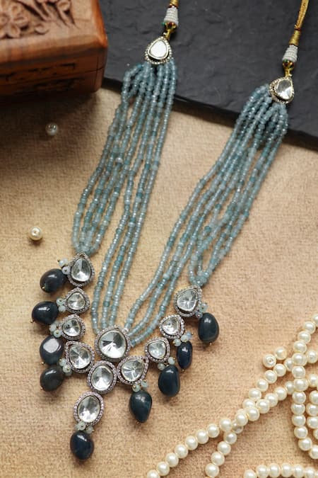 Shop Paisley Pop Blue Layered Pendant Necklace With Polki And Agate at Aza Fashions Shop_Paisley Pop_Blue Layered Pendant Necklace With Polki And Agate _at_Aza_Fashions