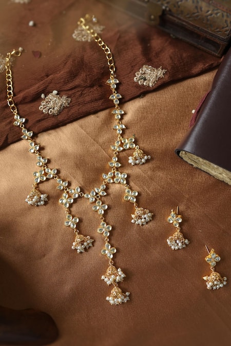 Shop_Paisley Pop_Gold Plated Pearls Kundan Embellished Necklace Set _at_Aza_Fashions