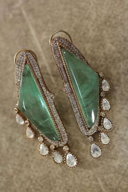 Shop_Paisley Pop_Green Stones, Cut Work Polki Embellished Earrings _at_Aza_Fashions