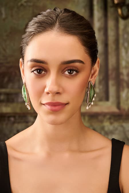 Buy_Paisley Pop_Green Stones, Cut Work Polki Embellished Earrings _Online_at_Aza_Fashions