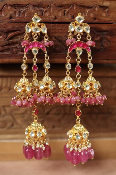 Shop_Paisley Pop_Pink Bows, Stones Kundan Onyx Embellished Jhumkas _at_Aza_Fashions