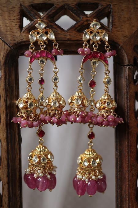Shop_Paisley Pop_Pink Bows, Stones Kundan Onyx Embellished Jhumkas _Online_at_Aza_Fashions