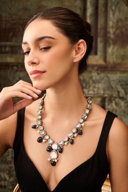 Buy Paisley Pop Blue Pearls, Crystals, Stones Victorian Polki Embellished Pendant Necklace Online at Aza Fashions Buy_Paisley Pop_Blue Pearls, Crystals, Stones Victorian Polki Embellished Pendant Necklace _Online_at_Aza_Fashions