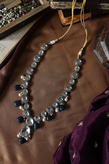 Shop Paisley Pop Blue Pearls, Crystals, Stones Victorian Polki Embellished Pendant Necklace at Aza Fashions Shop_Paisley Pop_Blue Pearls, Crystals, Stones Victorian Polki Embellished Pendant Necklace _at_Aza_Fashions