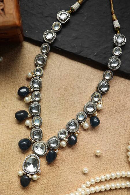 Shop Paisley Pop Blue Pearls, Crystals, Stones Victorian Polki Embellished Pendant Necklace Online at Aza Fashions Shop_Paisley Pop_Blue Pearls, Crystals, Stones Victorian Polki Embellished Pendant Necklace _Online_at_Aza_Fashions