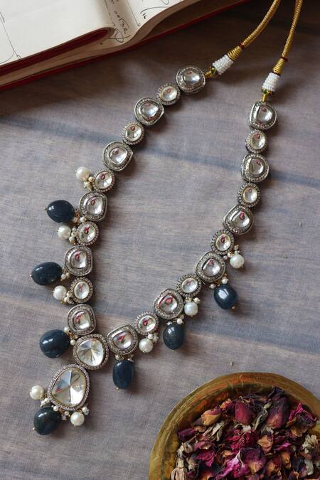 Paisley Pop Blue Pearls, Crystals, Stones Victorian Polki Embellished Pendant Necklace at Aza Fashions Paisley Pop_Blue Pearls, Crystals, Stones Victorian Polki Embellished Pendant Necklace _at_Aza_Fashions