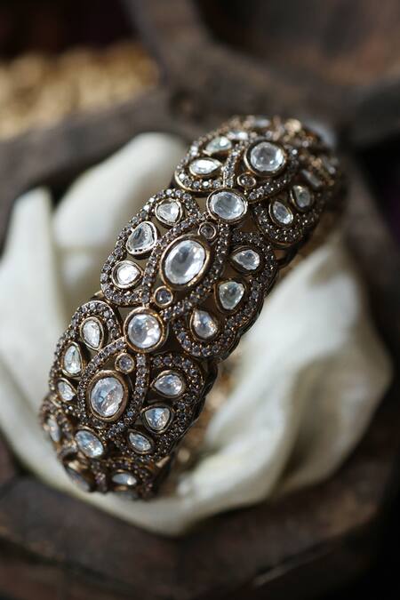 Paisley Pop_Gold Plated Crystals, Diamonds Victorian Polki Embellished Bangle _Online_at_Aza_Fashions