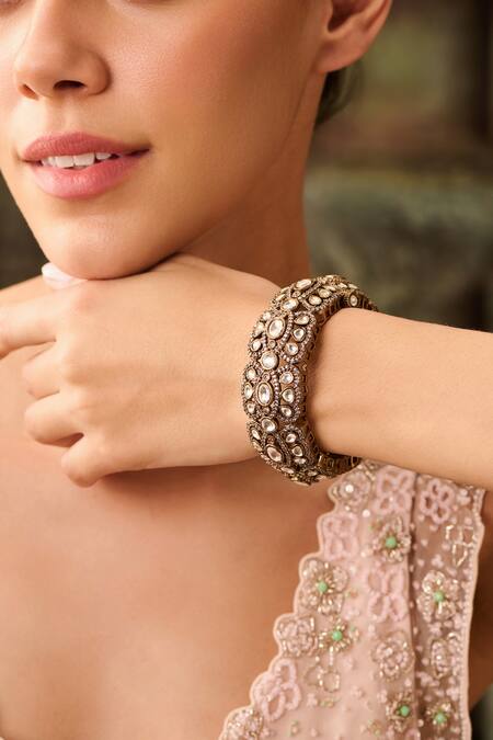 Buy_Paisley Pop_Gold Plated Crystals, Diamonds Victorian Polki Embellished Bangle _Online_at_Aza_Fashions