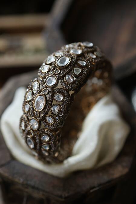 Shop_Paisley Pop_Gold Plated Crystals, Diamonds Victorian Polki Embellished Bangle _Online_at_Aza_Fashions