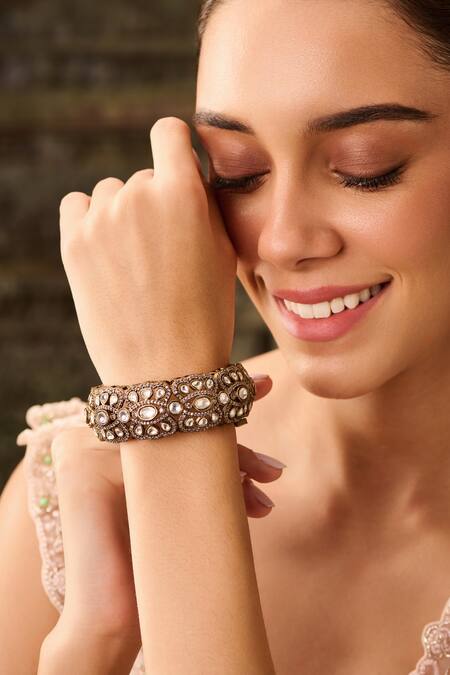 Paisley Pop_Gold Plated Crystals, Diamonds Victorian Polki Embellished Bangle _at_Aza_Fashions