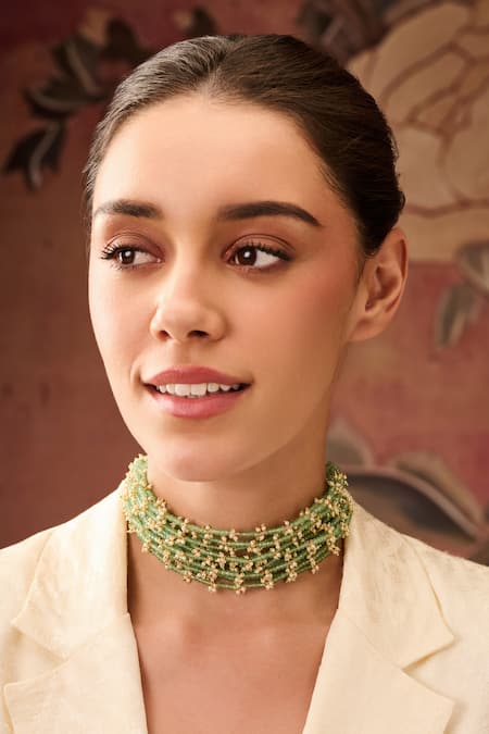 Paisley Pop_Green Mint Onyx And Pearl Embellished Choker _Online_at_Aza_Fashions