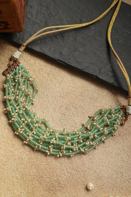 Shop_Paisley Pop_Green Mint Onyx And Pearl Embellished Choker _at_Aza_Fashions