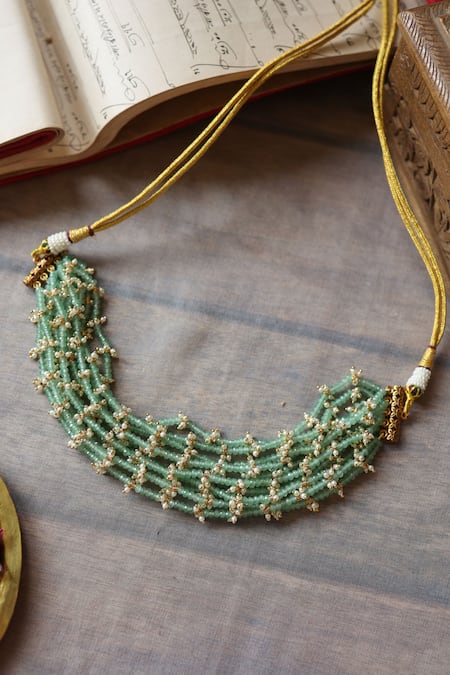Buy_Paisley Pop_Green Mint Onyx And Pearl Embellished Choker _Online_at_Aza_Fashions