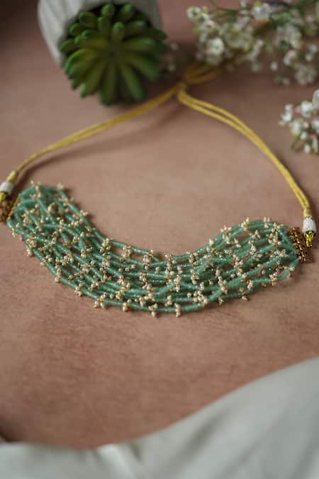Shop_Paisley Pop_Green Mint Onyx And Pearl Embellished Choker _Online_at_Aza_Fashions