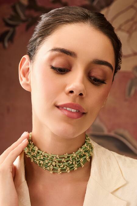 Paisley Pop_Green Mint Onyx And Pearl Embellished Choker _at_Aza_Fashions