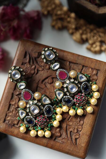 Paisley Pop_Multi Color Pearls, Stones, Piping Victorian And Danglers _at_Aza_Fashions