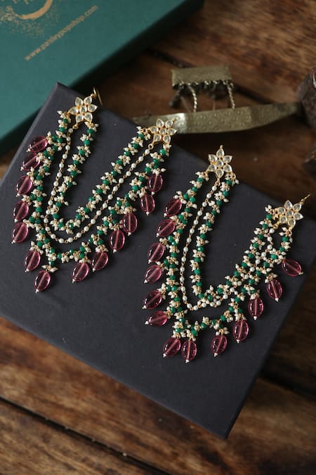 Shop Paisley Pop Multi Color Pearls, Stones, Gota Patti, Zari Kundan Long Chain Earrings at Aza Fashions Shop_Paisley Pop_Multi Color Pearls, Stones, Gota Patti, Zari Kundan Long Chain Earrings _at_Aza_Fashions
