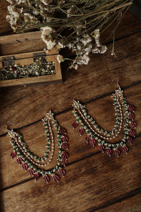 Shop Paisley Pop Multi Color Pearls, Stones, Gota Patti, Zari Kundan Long Chain Earrings Online at Aza Fashions Shop_Paisley Pop_Multi Color Pearls, Stones, Gota Patti, Zari Kundan Long Chain Earrings _Online_at_Aza_Fashions