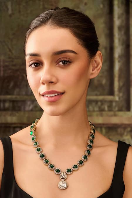 Paisley Pop_Green Crystals, Stones Polki Jade Necklace _Online_at_Aza_Fashions