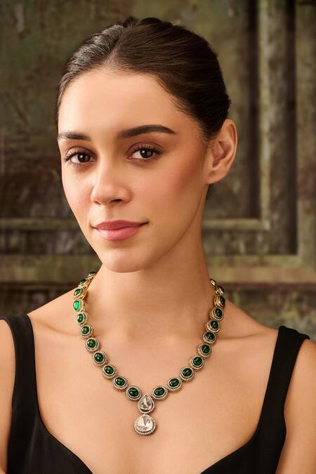 Buy_Paisley Pop_Green Crystals, Stones Polki Jade Necklace _Online_at_Aza_Fashions
