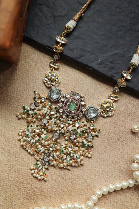 Paisley Pop Green Floral Kundan And Pearl Choker Necklace Online at Aza Fashions Paisley Pop_Green Floral Kundan And Pearl Choker Necklace _Online_at_Aza_Fashions