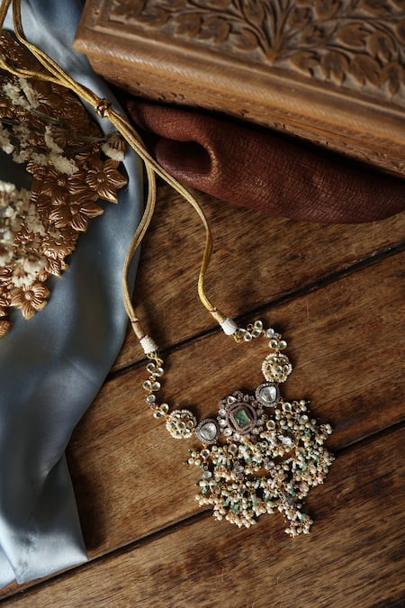Shop Paisley Pop Green Floral Kundan And Pearl Choker Necklace at Aza Fashions Shop_Paisley Pop_Green Floral Kundan And Pearl Choker Necklace _at_Aza_Fashions