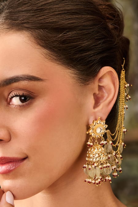 Paisley Pop Green Stones, Zari Fluorite Polki Long Chain Earrings Online at Aza Fashions Paisley Pop_Green Stones, Zari Fluorite Polki Long Chain Earrings _Online_at_Aza_Fashions