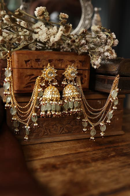 Shop Paisley Pop Green Stones, Zari Fluorite Polki Long Chain Earrings at Aza Fashions Shop_Paisley Pop_Green Stones, Zari Fluorite Polki Long Chain Earrings _at_Aza_Fashions